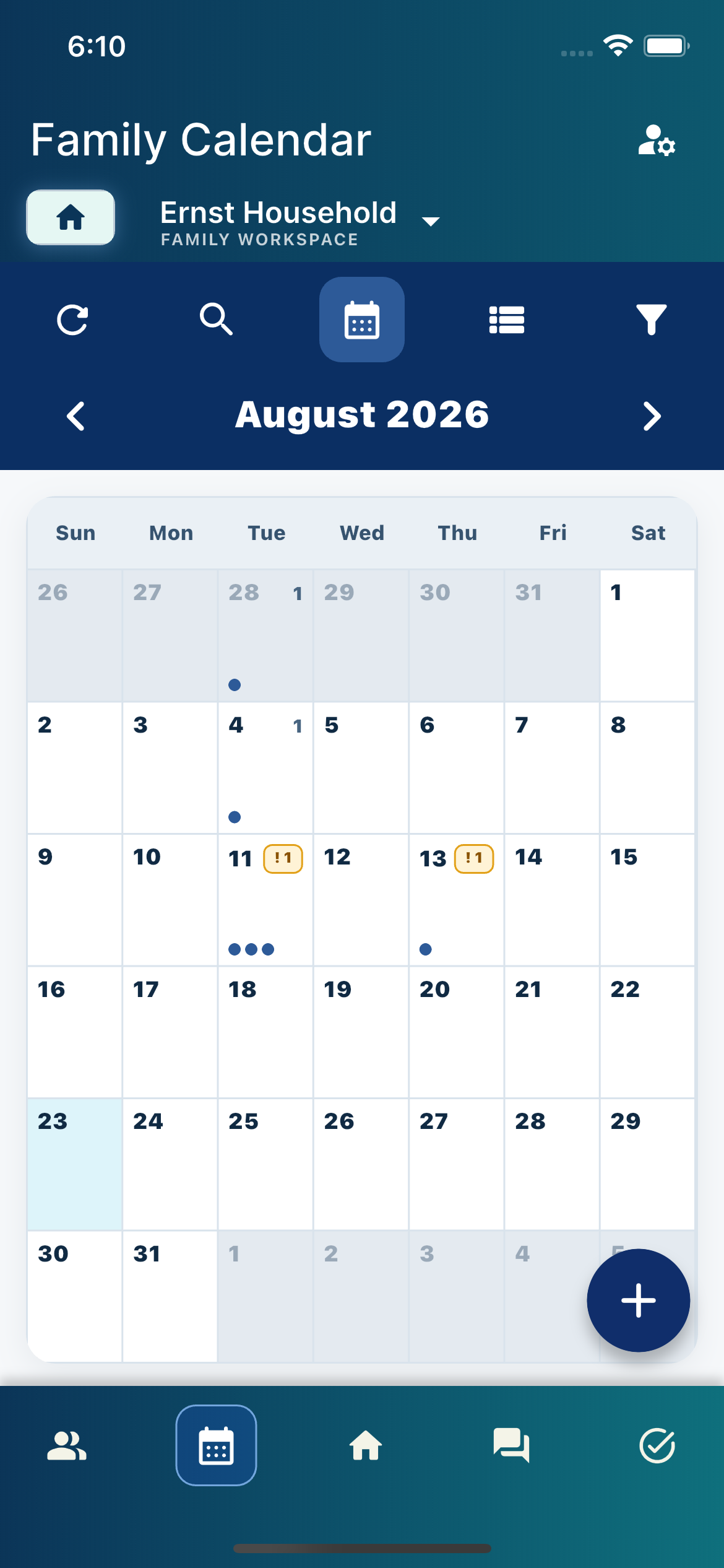The current TeamMachine mobile companion app Family Calendar screen
