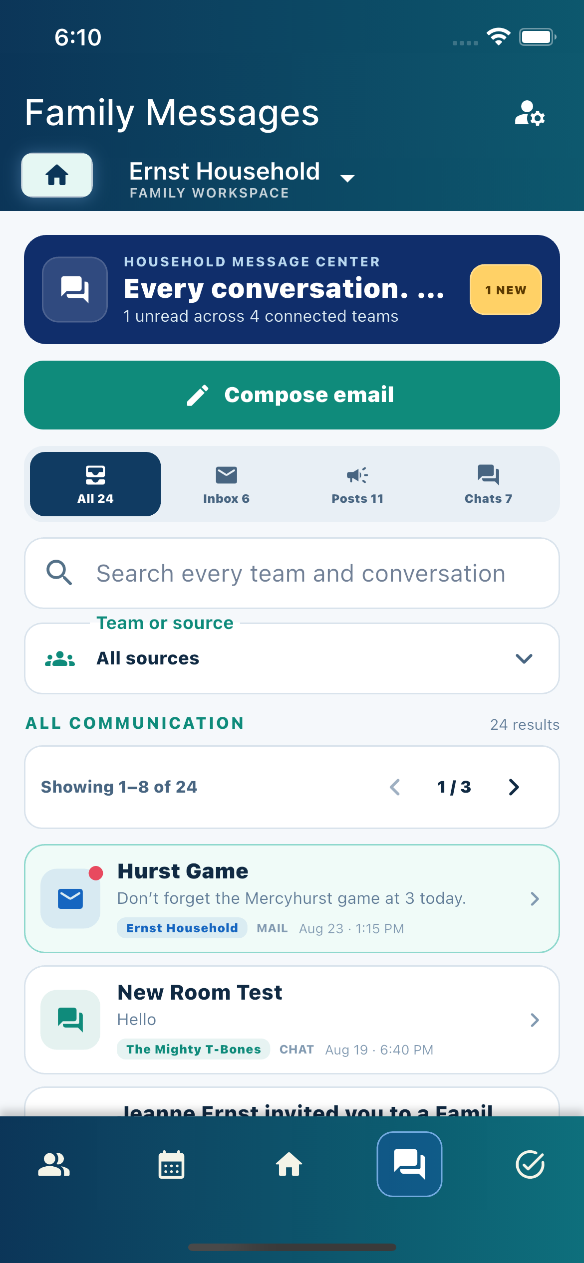 The current TeamMachine mobile companion app Family Messages screen