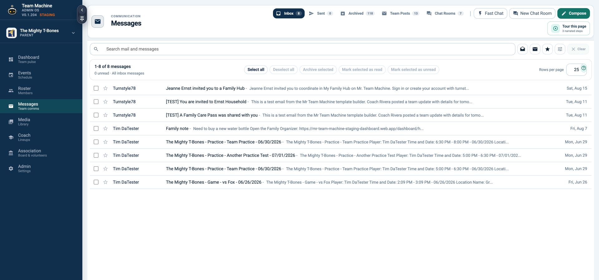 The current TeamMachine team messages dashboard