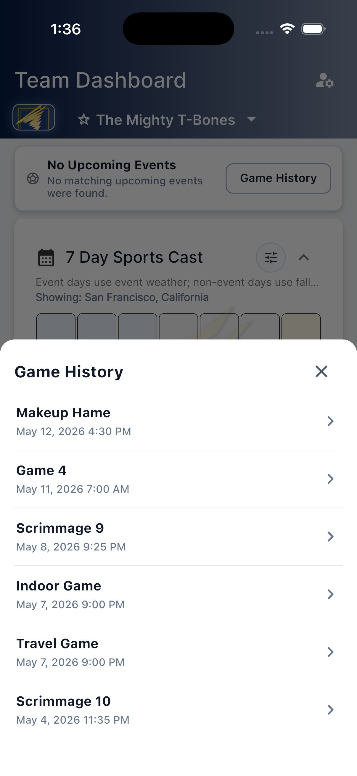 Game history list for parents and players
