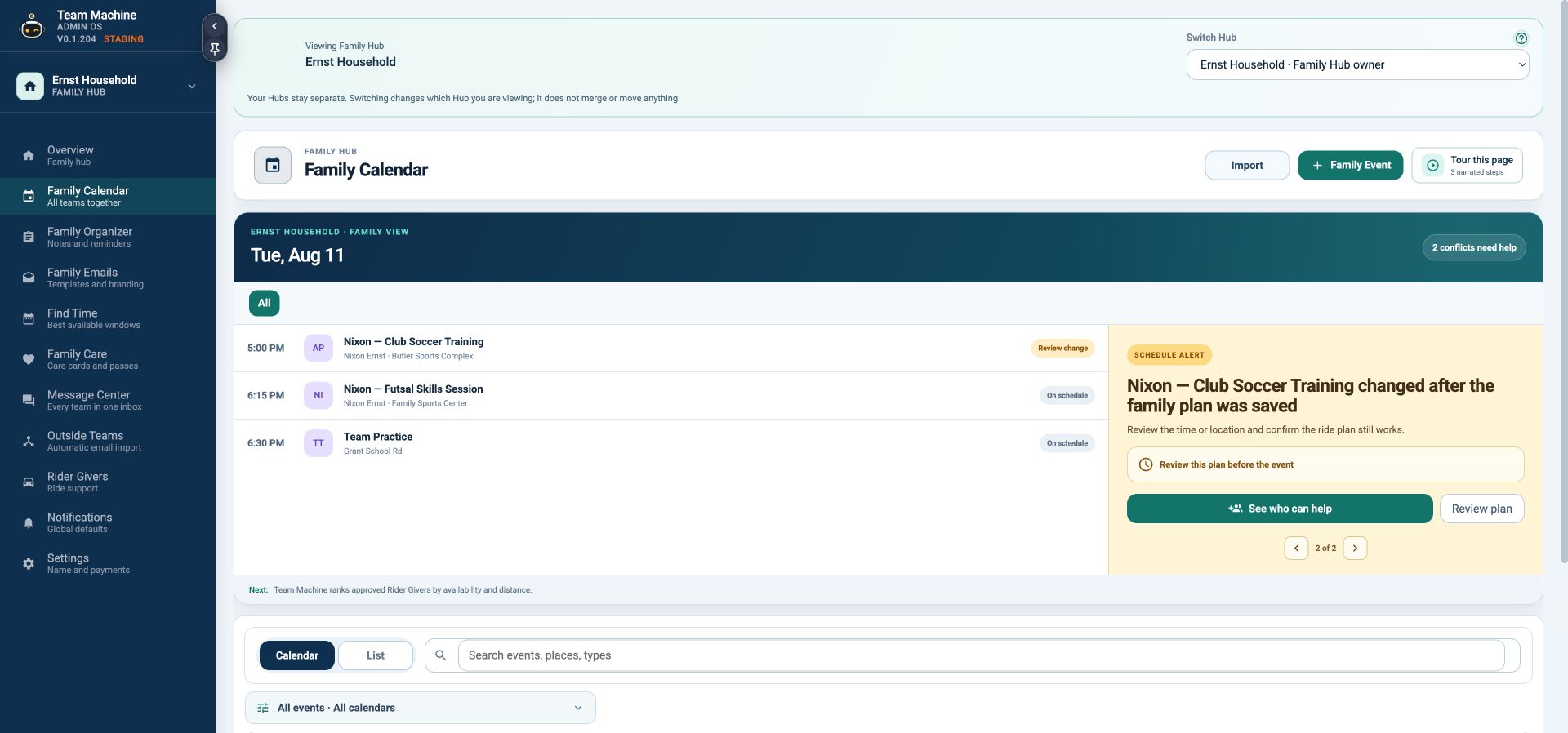 The current TeamMachine Family Calendar dashboard
