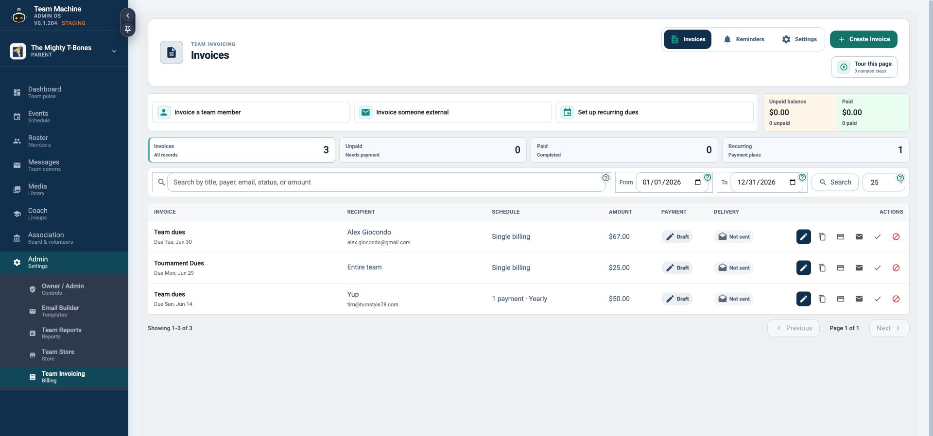 The current TeamMachine invoicing dashboard
