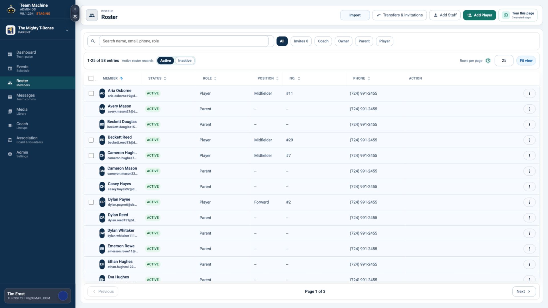 The current TeamMachine roster dashboard