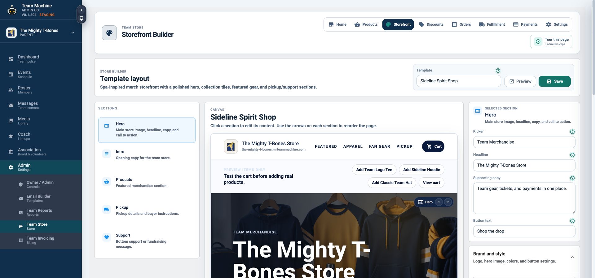 The current TeamMachine team store dashboard