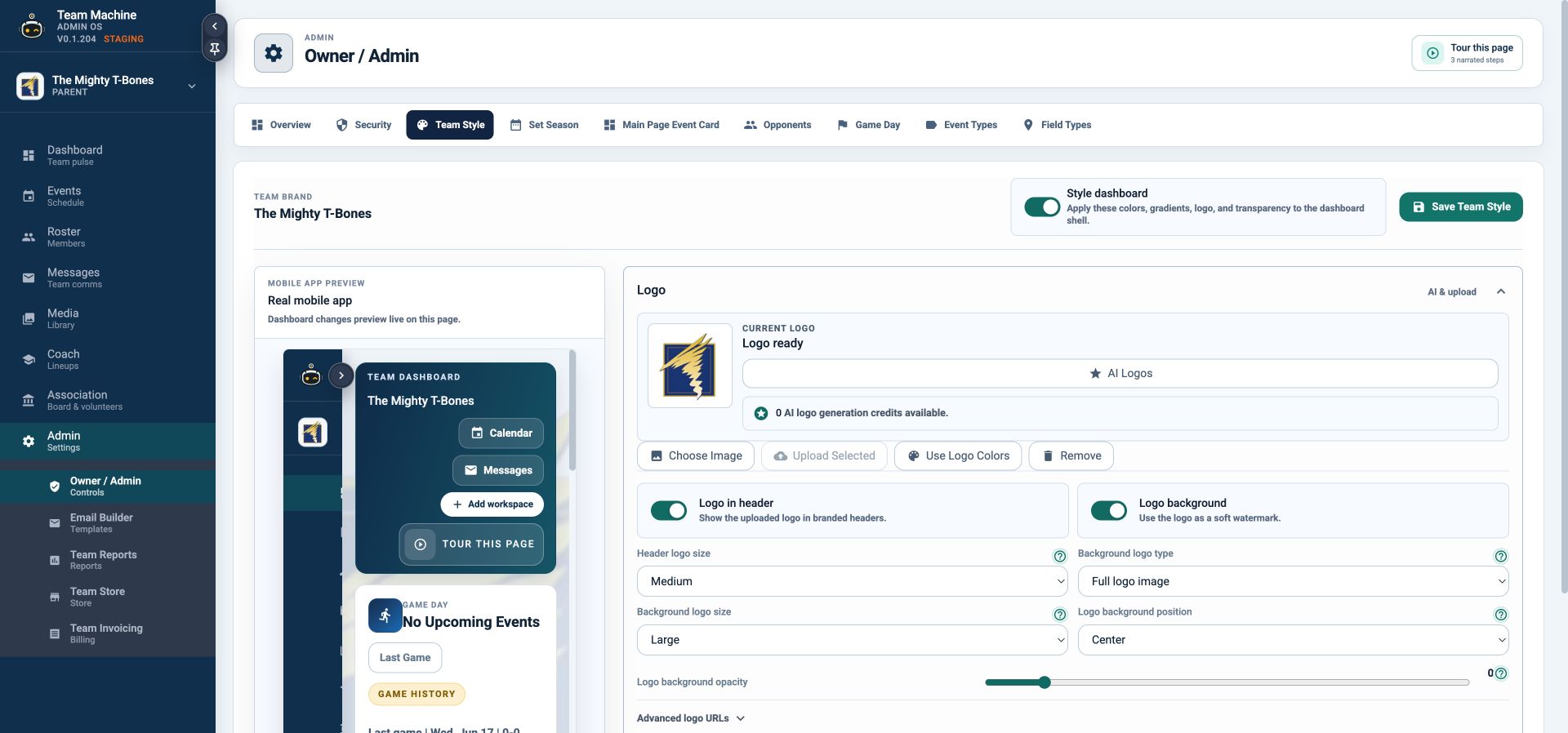 The current TeamMachine team style dashboard